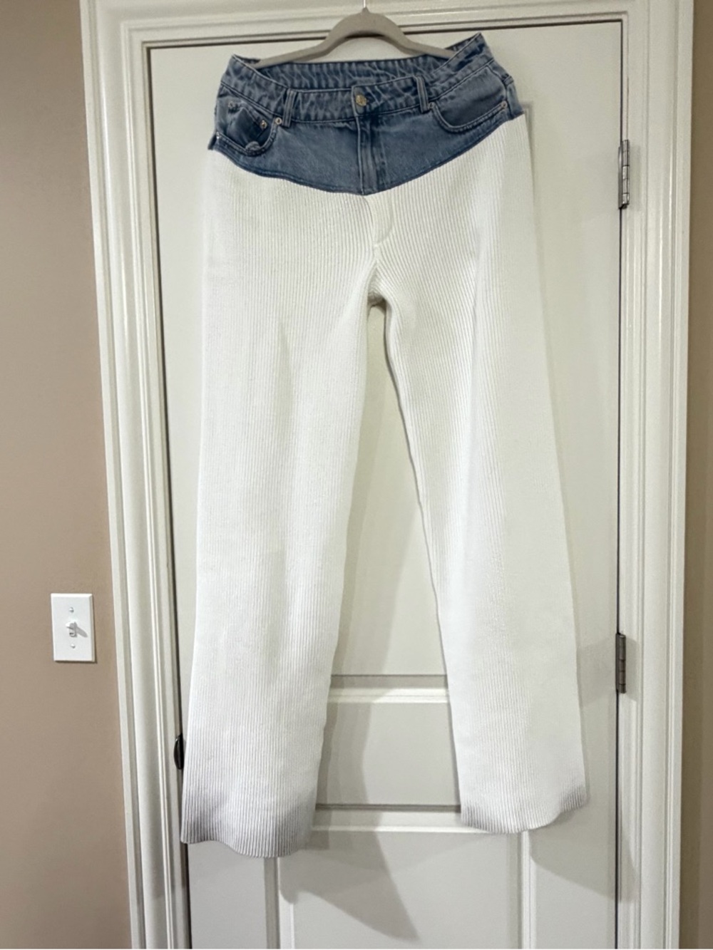 $400 Most wanted SEROYA CHANI KNIT DENIM PANT white/denim blue gold M